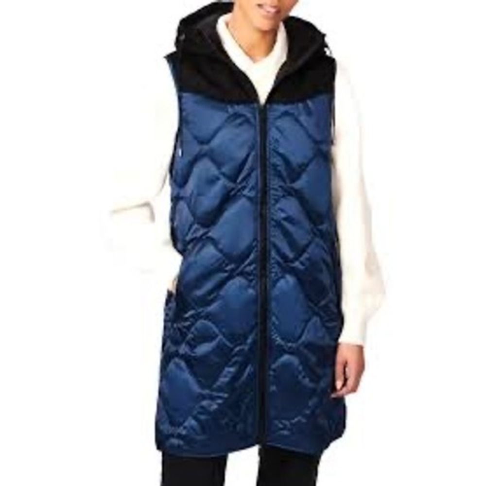 Bernardo Boldy Bound Long Quilted Puffer Vest Navy Black EcoPlume Hooded Small